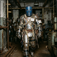 A figure clad head to toe in metal plates, spikes, wires, tools, and white blocks of writing, with a blue metal mask featuring long eye slits and perforated mouth area.