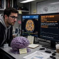 A scientist studies a detailed brain model and a computer screen showing data comparing a model-of-a-brain running seventeen times slower than a real brain, alongside brain images.