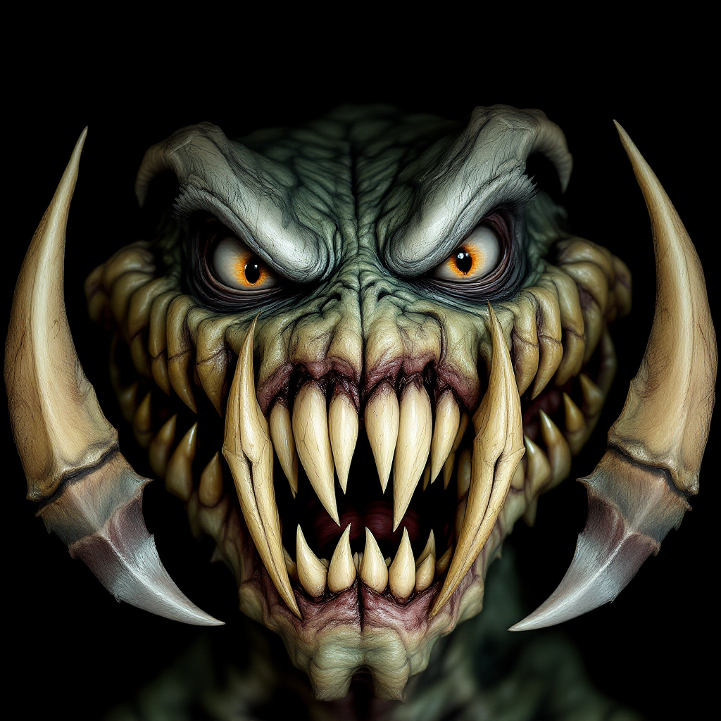 A menacing creature with pointed mouths displaying dagger-like teeth and conical canines. Its deep-set, human-like eyes and thick claws enhance its vicious appearance.