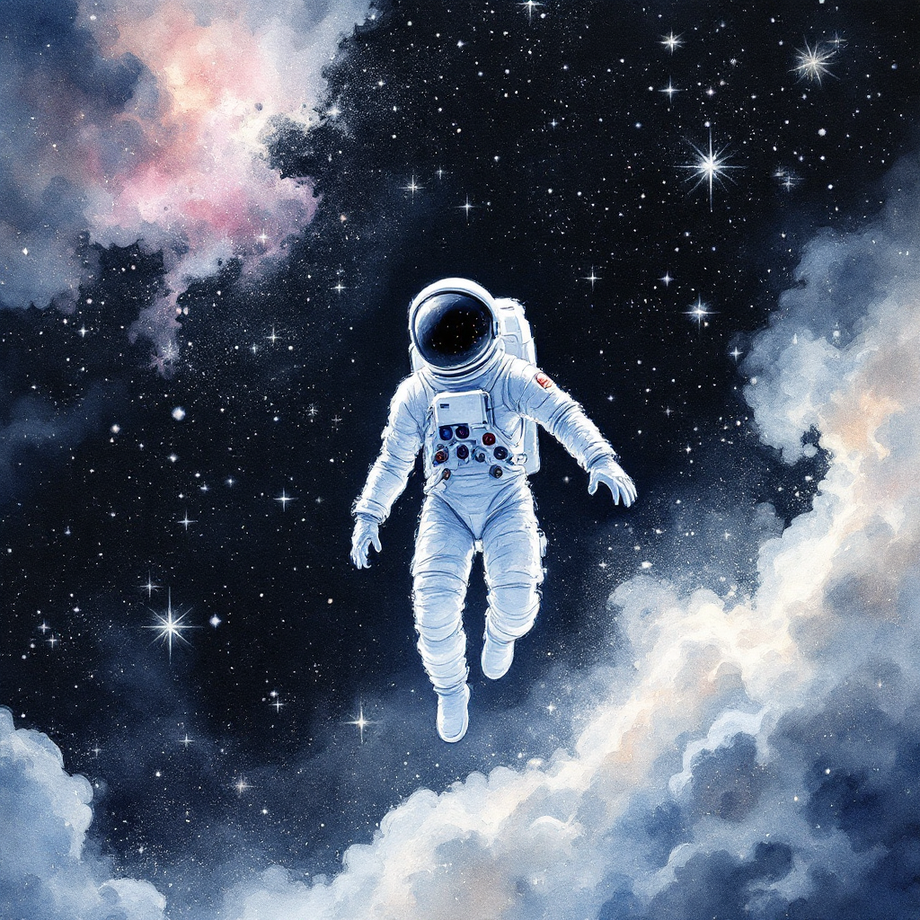 An astronaut floats serenely through a star-filled void, surrounded by swirling clouds of color, embodying the fleeting brilliance of existence in the vastness of space.