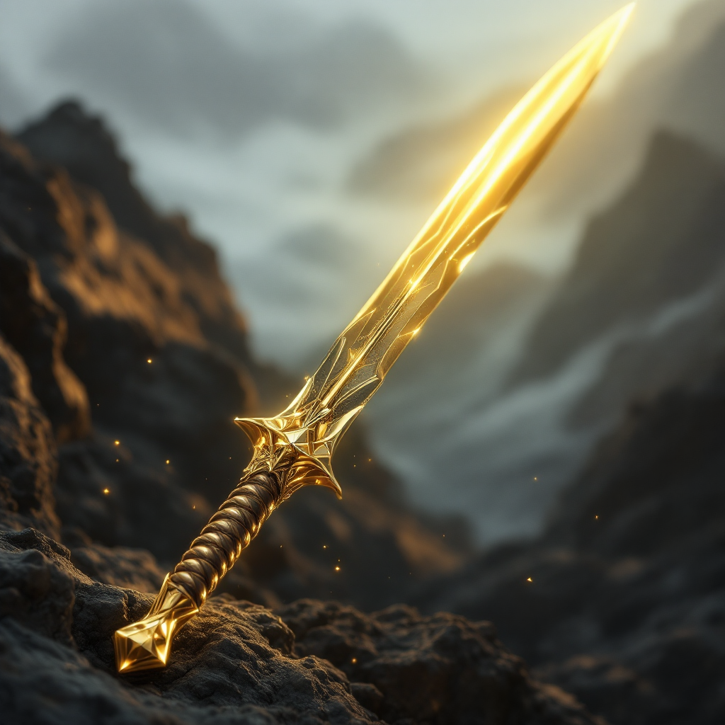 A gleaming golden sword, radiant and intricate, rests atop rugged terrain, embodying the transformation from softness to unparalleled strength as described in the quote.