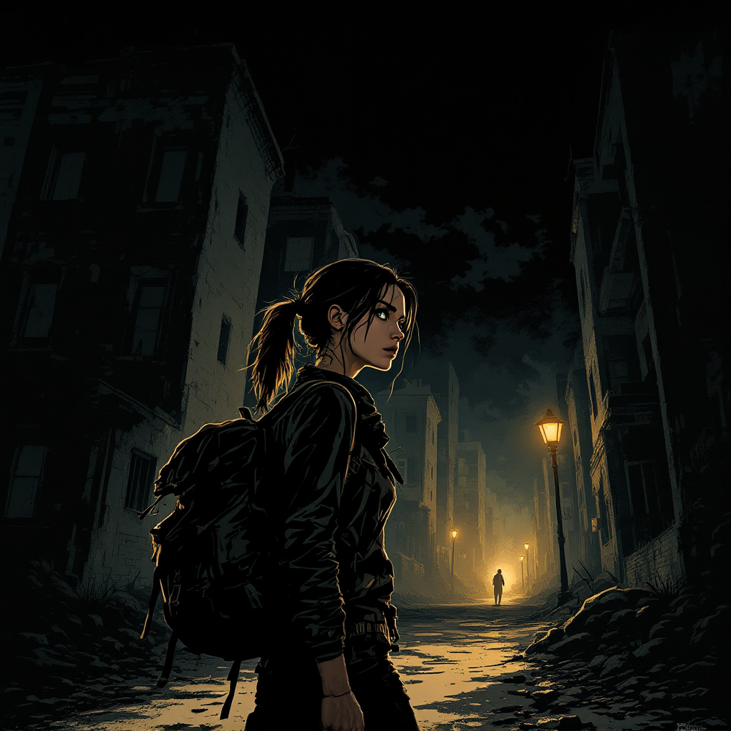 A young woman with a backpack stands in a dimly lit, shadowy street, gazing toward a distant light, embodying the journey to find light amid darkness.