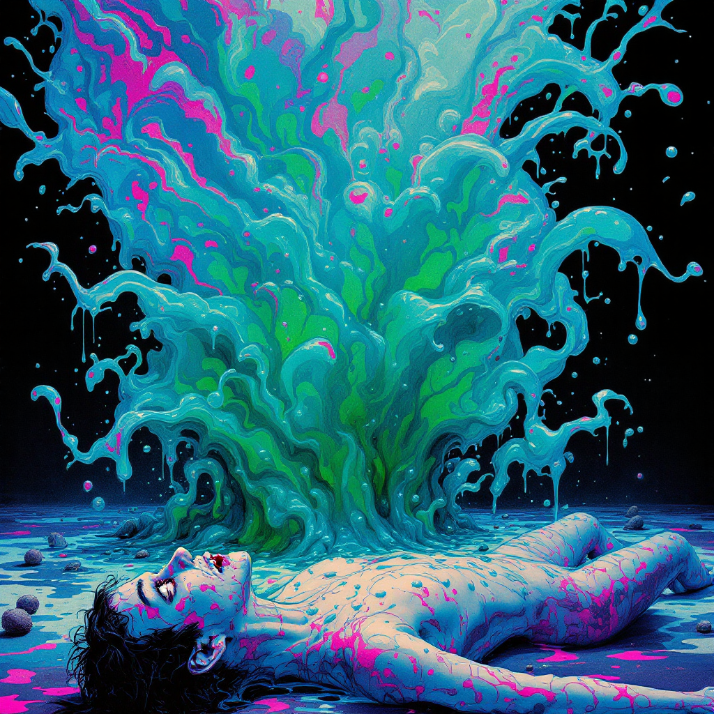 A vibrant, surreal depiction of a body on the ground, with colorful slime mold erupting upward, capturing the moment described in the quote about a wet slap to the face.