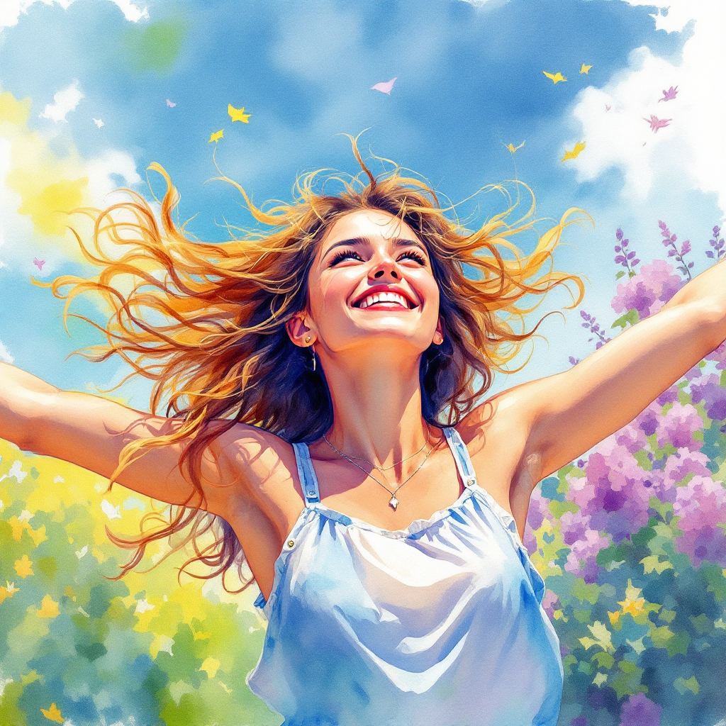 A joyful young woman with flowing hair smiles widely, arms outstretched, surrounded by vibrant flowers under a bright blue sky, embodying the essence of fun and carefree moments.