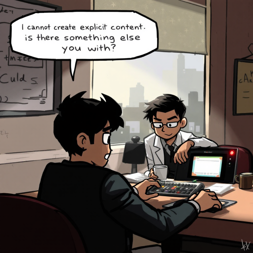 A cartoon depicts two characters in an office setting, one seated at a desk asking the other, I cannot create explicit content. Is there something else you with? The quote emphasizes the importance of communication in Femdom.