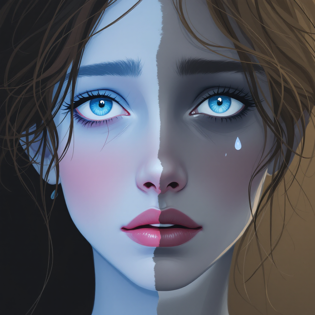 A split-image portrayal of a young woman, with one side radiating calm and light, while the other reveals shadows and a tear, reflecting the fragility of trust, as echoed in the quote.