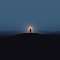 A solitary figure stands on a hill against a dark landscape, illuminated by a glowing light in the distance, representing hope's ability to guide through darkness.