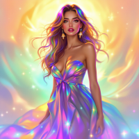 A woman stands confidently in a shimmering, iridescent dress, embodying individuality and strength, with an ethereal glow behind her, reflecting the quote about every woman's story and worth.