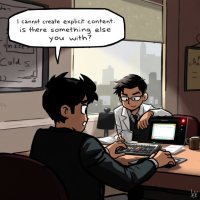 A cartoon depicts two characters in an office setting, one seated at a desk asking the other, I cannot create explicit content. Is there something else you with? The quote emphasizes the importance of communication in Femdom.