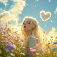 A serene woman with long blonde hair gazes softly into the distance, surrounded by vibrant wildflowers under a bright sky, with whimsical heart shapes floating nearby, embodying the message of love.