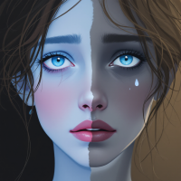 A split-image portrayal of a young woman, with one side radiating calm and light, while the other reveals shadows and a tear, reflecting the fragility of trust, as echoed in the quote.