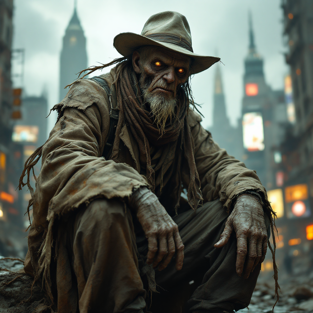 A ragged figure with glowing eyes sits thoughtfully amidst a dystopian cityscape, embodying the essence of shabbiness described in the quote about poor attire.