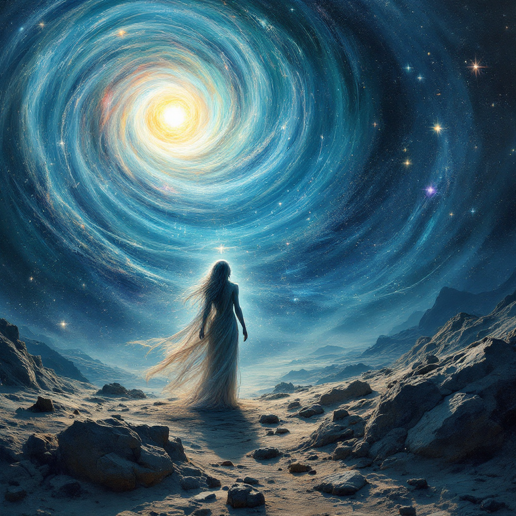 A figure in a flowing dress stands on a rocky landscape, gazing up at a swirling galaxy filled with vibrant stars and a bright center, evoking the vastness of the cosmos.