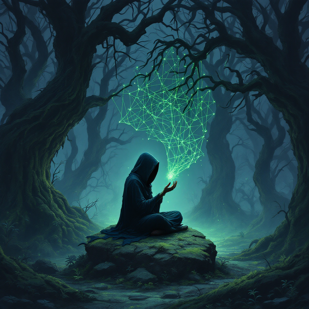 A hooded figure sits on a stone in a mystical forest, gently holding wisps of light that form intricate patterns, embodying the essence of stories whispered in shadows.