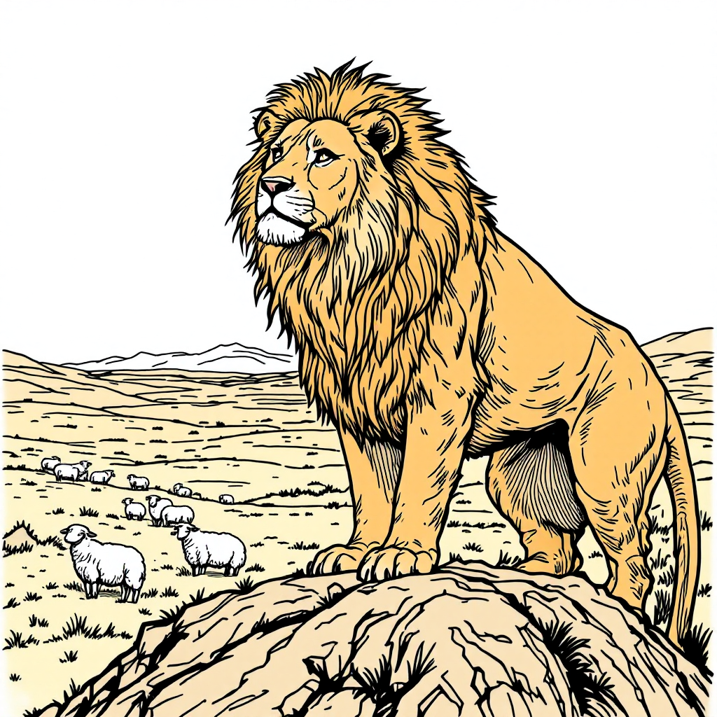 A powerful lion stands confidently on a rock, overlooking a distant flock of sheep, embodying the quote, A lion does not concern himself with the opinion of sheep.