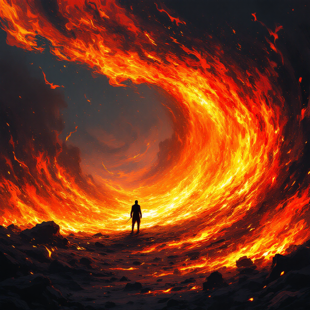 A silhouette of a figure stands before a swirling, intense blaze of fire, symbolizing clarity and transformation as the flames burn away obscurity.