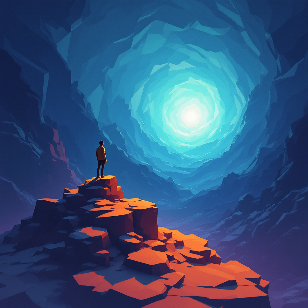 A figure stands atop a rocky outcrop, gazing into a vibrant, swirling light at the end of a deep, dark cavern, symbolizing the search for truth beneath layers of obscurity.