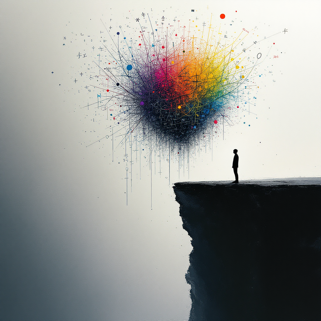 A figure stands on the edge of a cliff, gazing upward at a vibrant explosion of colorful abstract shapes, symbolizing the conflict between intellect and passion.