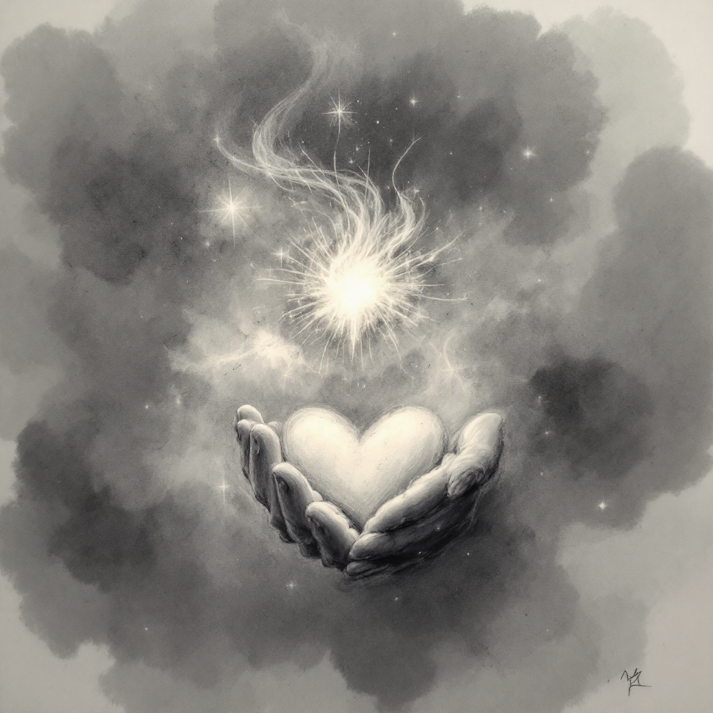 A monochromatic illustration features a pair of hands cradling a heart, with a radiant spark above, symbolizing hope igniting a fire within. Soft clouds surround the scene, enhancing the ethereal quality.