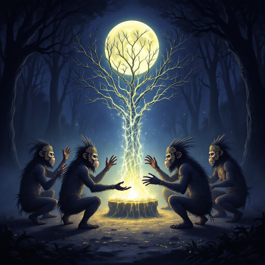 A mystical scene featuring four figures in a dark forest, gathered around a glowing tree stump, with a large full moon above, symbolizing shared beliefs in the supernatural across species.