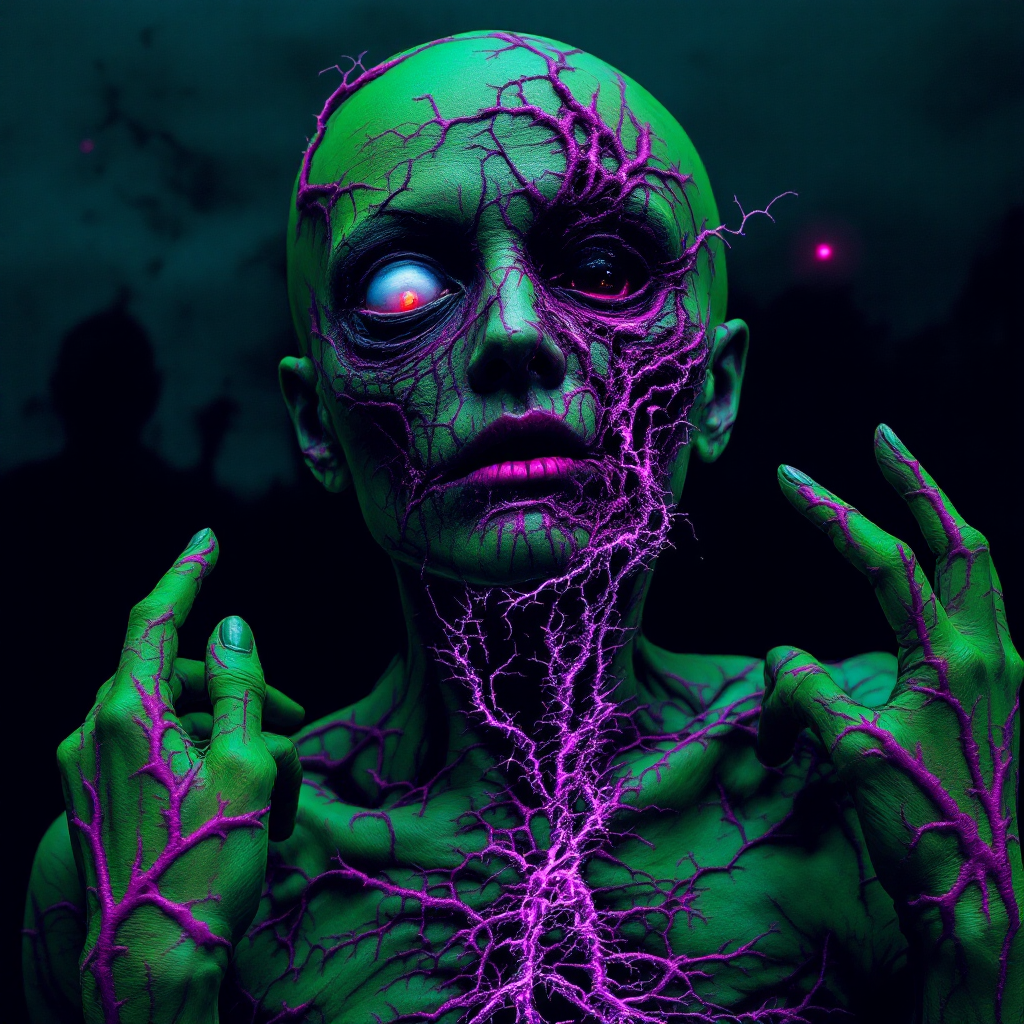 A surreal, green-skinned figure with glowing eyes and purple, crackling veins expresses anguish, embodying the profound loss of self described in the quote about a horrible accident.