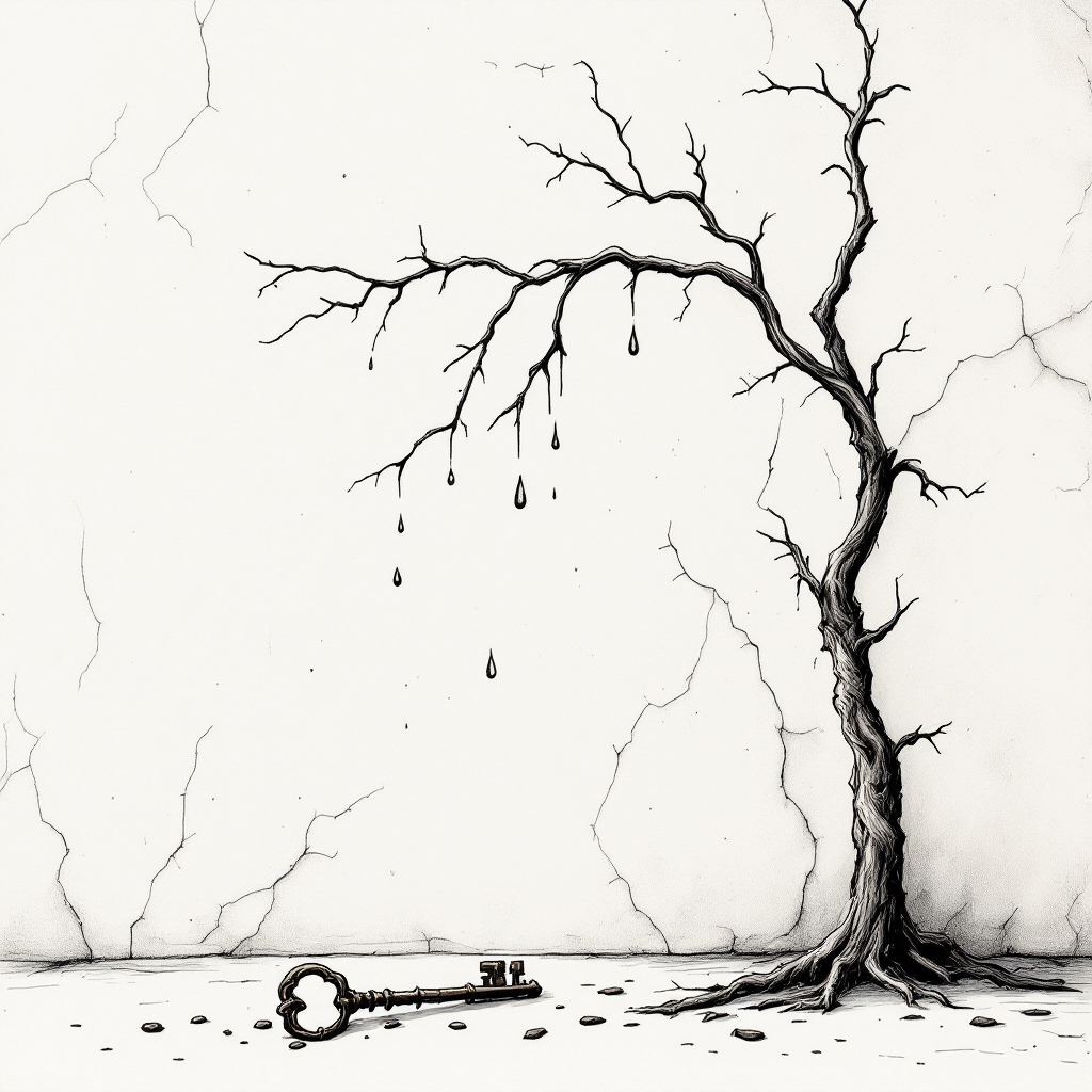 A barren tree with drooping branches stands against a cracked wall, beside an ornate key resting on the ground, symbolizing the fragility of trust shaped by experiences and betrayals.