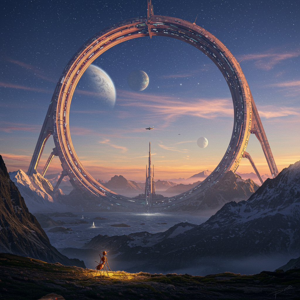 A colossal arch rises above rugged mountains and clouds, part of a vast ring over a thousand miles wide, with planets visible in the twilight sky beyond.