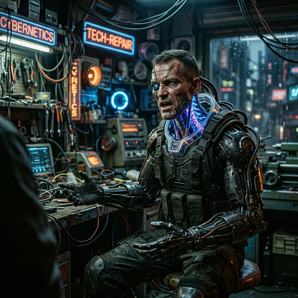 A cyborg with exposed mechanical limbs and circuitry sits in a neon-lit workshop, embodying the fusion of human and machine, retaining only a hint of his original self.