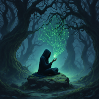 A hooded figure sits on a stone in a mystical forest, gently holding wisps of light that form intricate patterns, embodying the essence of stories whispered in shadows.