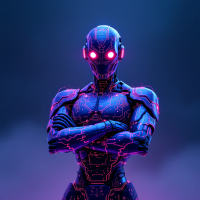 A futuristic robot stands confidently with crossed arms, glowing pink eyes, and a sleek, patterned design, embodying strength and resilience in response to the quote about identity.