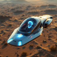 A futuristic spacecraft hovers over a desert landscape at sunset, featuring a thoughtful pilot with a blue glow, embodying the idea of seeking guidance on a journey.