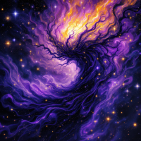 A swirling cosmic landscape of purples and golds, dotted with shimmering stars, embodies the contrast of starlight and darkness, reflecting the quote about our celestial essence.