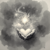 A monochromatic illustration features a pair of hands cradling a heart, with a radiant spark above, symbolizing hope igniting a fire within. Soft clouds surround the scene, enhancing the ethereal quality.