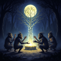 A mystical scene featuring four figures in a dark forest, gathered around a glowing tree stump, with a large full moon above, symbolizing shared beliefs in the supernatural across species.