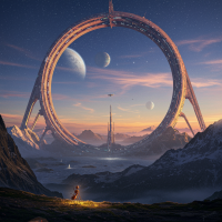 A colossal arch rises above rugged mountains and clouds, part of a vast ring over a thousand miles wide, with planets visible in the twilight sky beyond.
