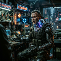 A cyborg with exposed mechanical limbs and circuitry sits in a neon-lit workshop, embodying the fusion of human and machine, retaining only a hint of his original self.