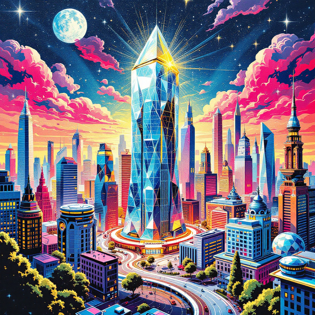 A vibrant cityscape at sunset features a towering diamond-shaped skyscraper surrounded by futuristic buildings, illuminated by colorful lights under a starry sky and a glowing moon.