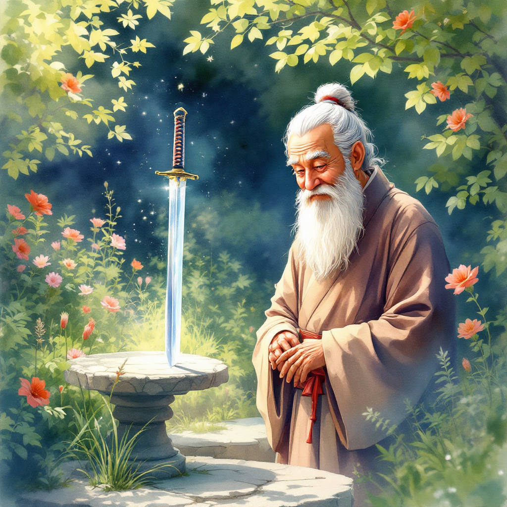 An elderly sage with a long white beard stands by a stone pedestal adorned with a sheathed sword, surrounded by lush greenery and vibrant flowers, embodying the quote about the power of a clever mind.