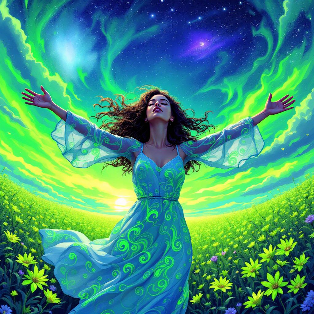 A woman in a flowing green dress stands in a vibrant field, arms outstretched towards a swirling, colorful sky, embodying the theme of choice and expectation in shaping experiences.