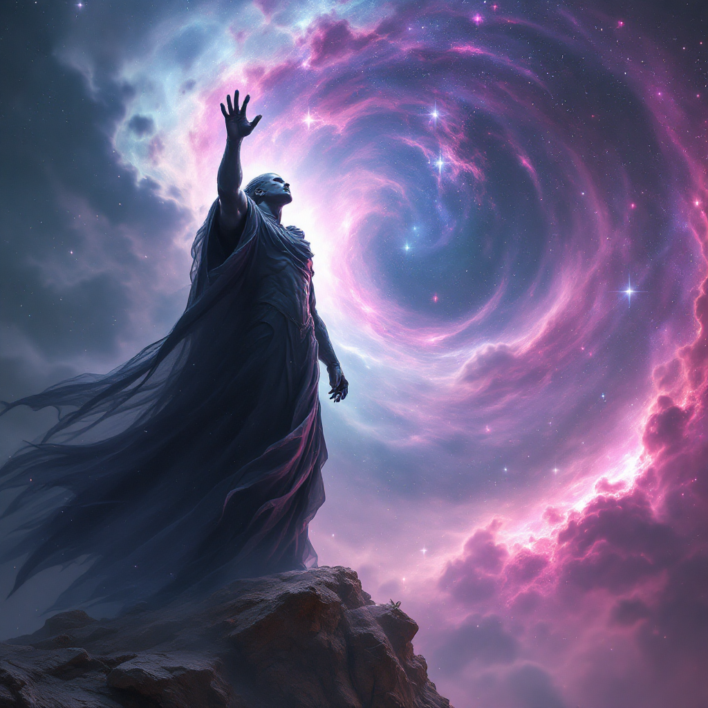 A figure in a flowing cloak stands triumphantly atop a rocky outcrop, reaching towards a swirling cosmic vortex, embodying the essence of courage amidst fear.