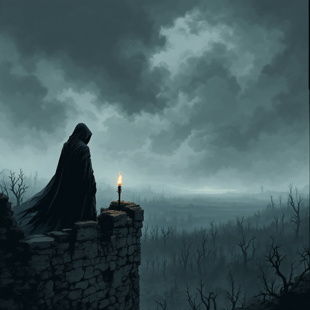 A cloaked figure stands atop a crumbling stone wall, gazing over a dark, desolate landscape, with a single candle flickering against the haunting silence and memories of the past.