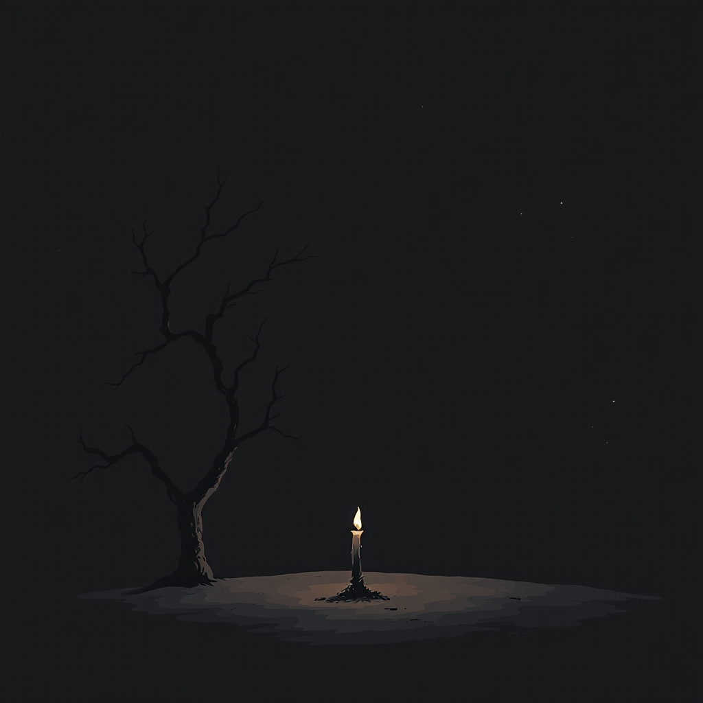 A solitary candle flickers in darkness, casting a dim light on a barren landscape, accompanied by a gnarled tree, evoking the quote, The night is dark and full of terrors.