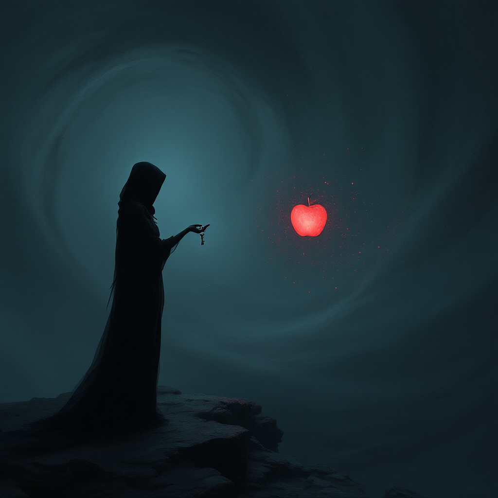 A cloaked figure stands on a rocky ledge, reaching out towards a glowing red apple against a dark, swirling background, evoking the theme of temptation from the quote.