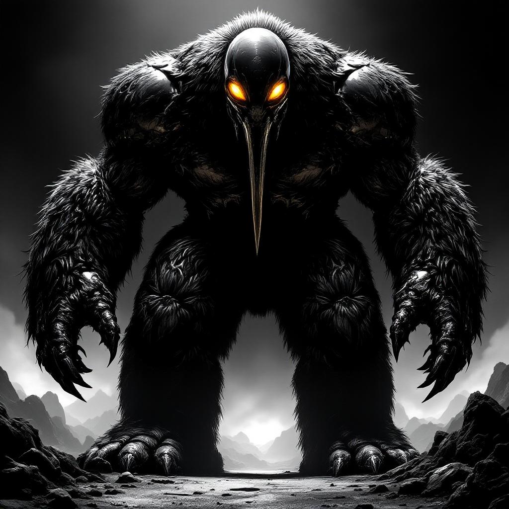 A massive creature towers with a shiny, talon-tipped face and glowing amber eyes. It stands over eight feet tall, featuring furry paws and denting the earth with its heavy booted feet.