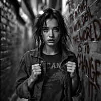 A determined young woman stands in a narrow alley, fists clenched, with a graffitied wall behind her declaring, The only way to deal with the world is to change it, evoking strength and resolve.