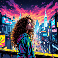 A young woman with curly hair gazes over a vibrant cityscape at sunset, embodying the quote A life divided is a life enriched, but also a life unsettled amidst colorful neon signs.