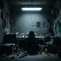 A dimly lit, cluttered room filled with papers and scattered belongings. A person sits hunched over at a desk, hands on head, embodying a sense of despair and contemplation.