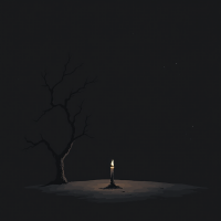 A solitary candle flickers in darkness, casting a dim light on a barren landscape, accompanied by a gnarled tree, evoking the quote, The night is dark and full of terrors.