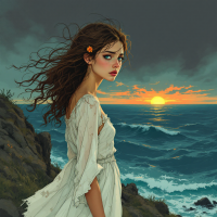 A young woman in a flowing white dress stands by the ocean at sunset, her hair tousled by the wind. She gazes thoughtfully into the distance, embodying the essence of love's sacrifices.