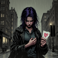 A somber figure with purple hair clutches a paper with a heart symbol, standing in a rain-soaked, empty street, capturing the essence of vulnerability in a harsh world.